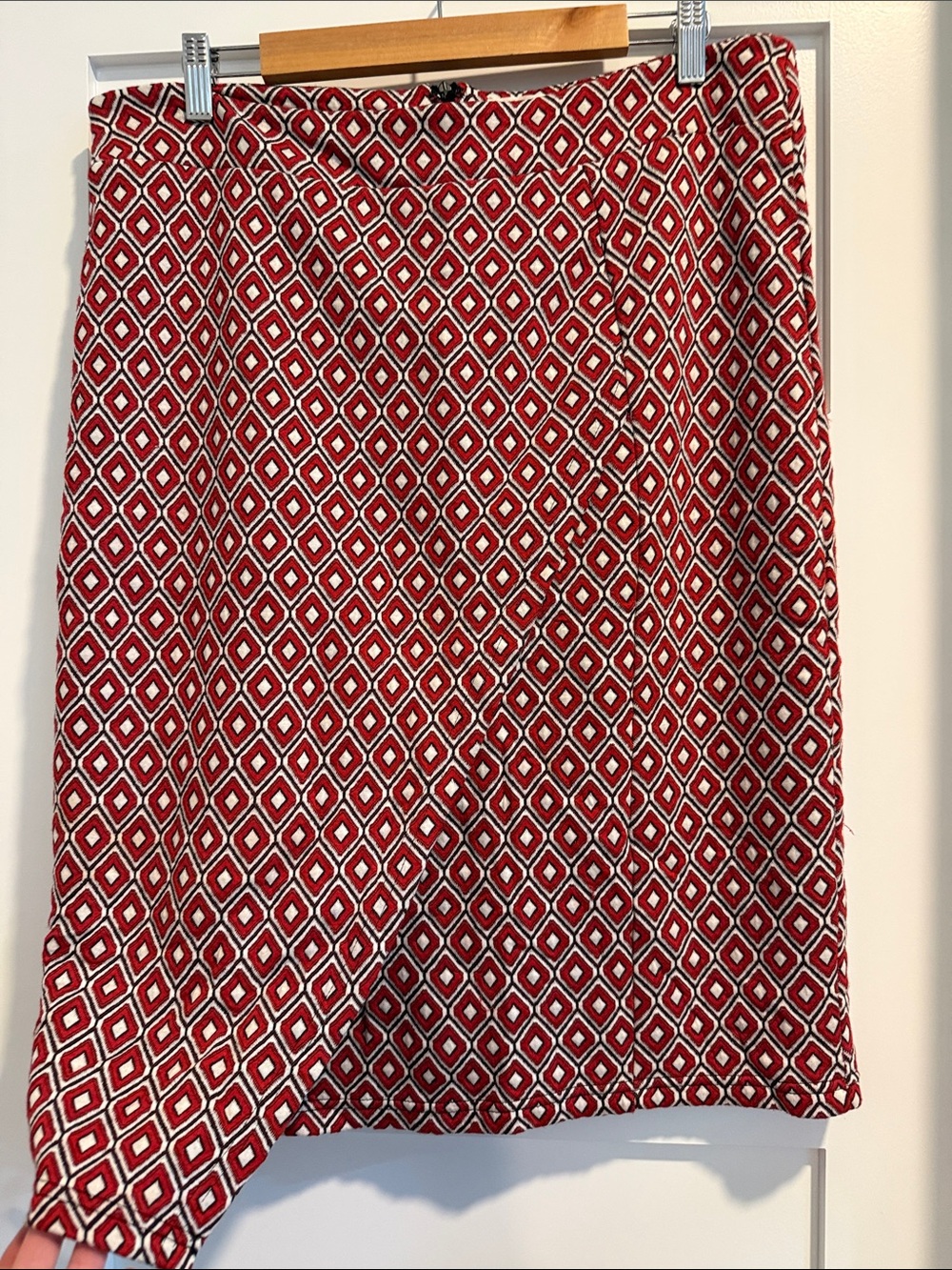 Maeve Red and White Asymmetrical Geometric mock Wrap Skirt. Heavy Fall/winter